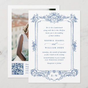 Convite Ornamentado Vitoriano Azul Grace Casamento Floral