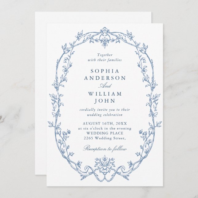 Convite Ornamentado Vitoriano Elegante Casamento Azul Dust (Frente/Verso)