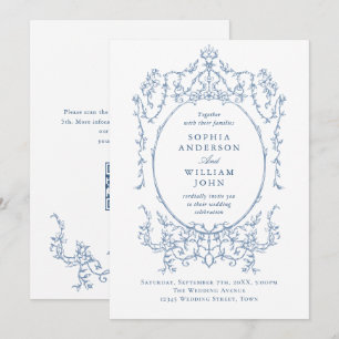 Convite Ornamentado vitoriano Floral Dusty Blue Código QR 