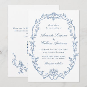 Convite Ornamentado vitoriano Floral Dusty Blue Código QR 