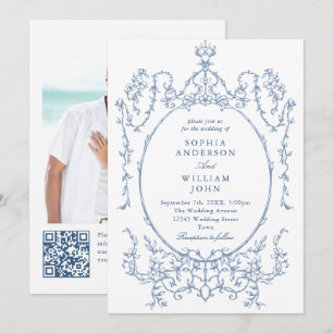 Convite Ornamentado vitoriano Floral Dusty Blue Código QR
