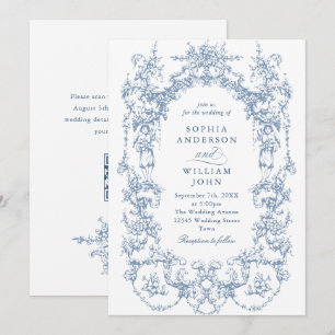 Convite Ornamentado vitoriano Floral Dusty Blue Código QR