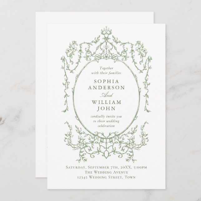 Convite Ornamentado vitoriano Floral Sage Green Código QR  (Frente/Verso)