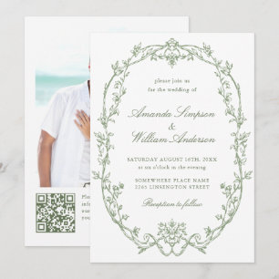 Convite Ornamentado vitoriano Floral Sage Green Código QR 