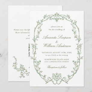 Convite Ornamentado vitoriano Floral Sage Green Código QR