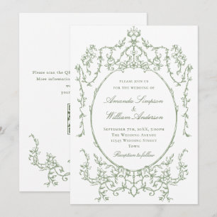 Convite Ornamentado vitoriano Floral Sage Green Código QR