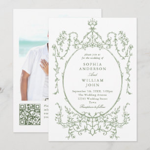 Convite Ornamentado vitoriano Floral Sage Green Código QR 