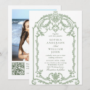 Convite Ornamentado vitoriano Floral Sage Green Wedding Có