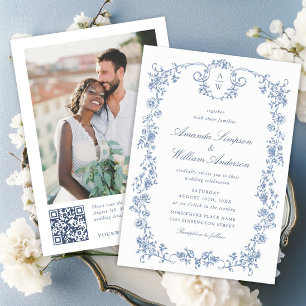 Convite Ornamentado vitoriano Grace Blue Floral Wedch códi