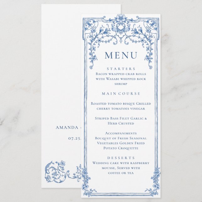Convite Ornamentado vitoriano Grace Floral Blue WedMenu (Frente/Verso)