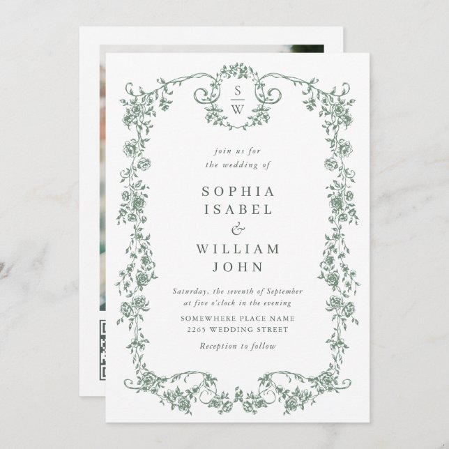 Convite Ornamentado vitoriano Grace Green Photo code QR Ca (Frente/Verso)