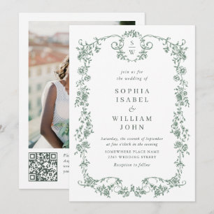 Convite Ornamentado vitoriano Grace Green Photo code QR Ca
