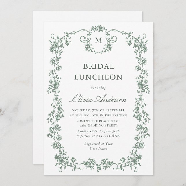 Convite Ornamentado vitoriano Grace Sage Green BRIDAL LUNC (Frente/Verso)