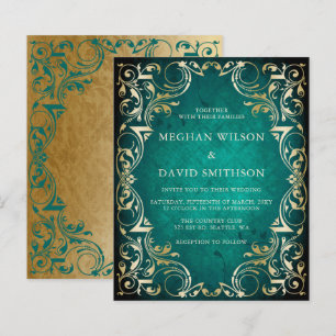 Convite Ornamental Dourado para Casamento Teal