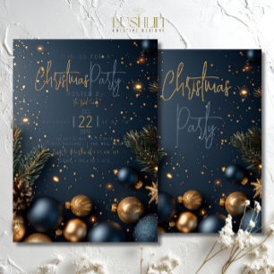 Convite Ornamento Azul Dourado com Natal feriado verde