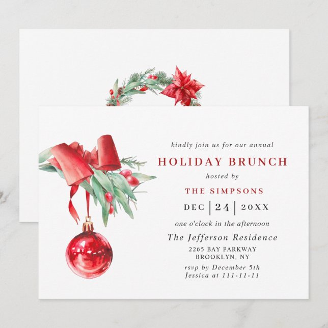 Convite Ornamento de Aquarela NATAL HOLIDAY BRUNCH (Frente/Verso)