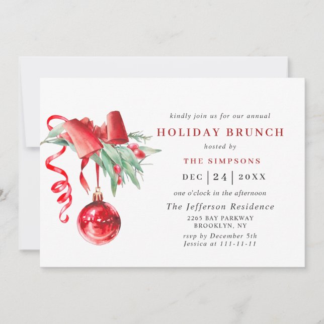Convite Ornamento de Aquarela NATAL HOLIDAY BRUNCH (Frente)