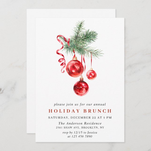 Convite Ornamento de Aquarela NATAL HOLIDAY BRUNCH (Frente/Verso)