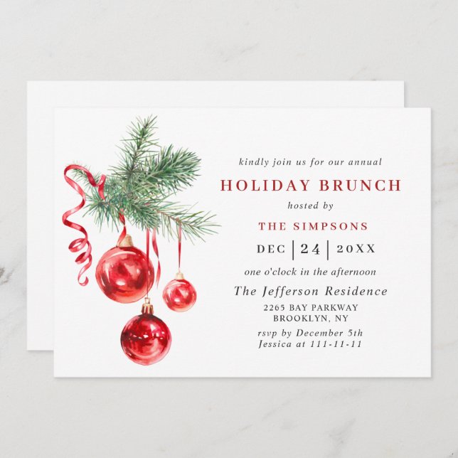 Convite Ornamento de Aquarela NATAL HOLIDAY BRUNCH (Frente/Verso)
