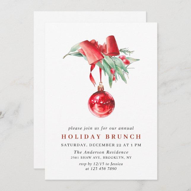 Convite Ornamento de Aquarela NATAL HOLIDAY BRUNCH (Frente/Verso)