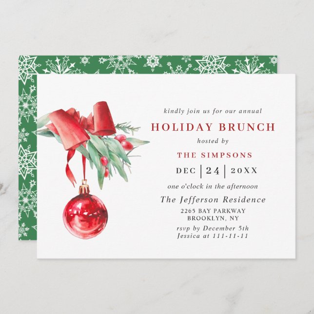 Convite Ornamento de Aquarela NATAL HOLIDAY BRUNCH (Frente/Verso)