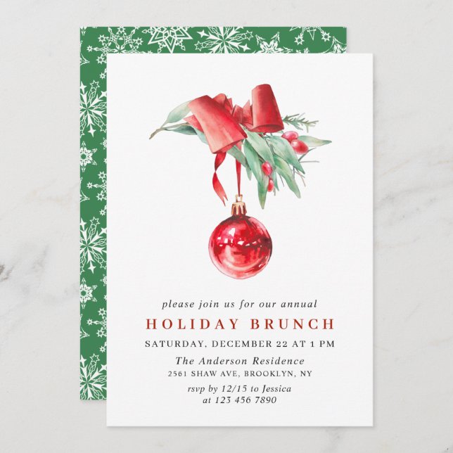 Convite Ornamento de Aquarela NATAL HOLIDAY BRUNCH (Frente/Verso)