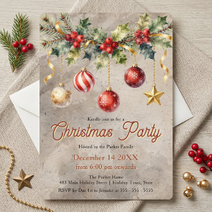 Convite Ornamento de Aquarela Vintage para Festa de Natal