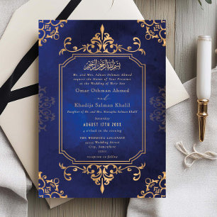 Convite Ornamento Dourado e Azul Casamento Islâmico Vintag