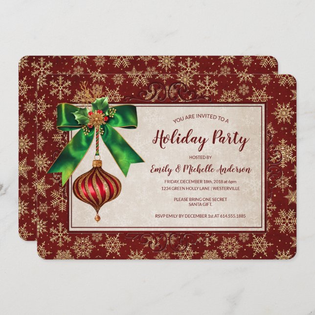 Convite Ornamento Elegante e Feriado Glitter Dourado (Frente/Verso)