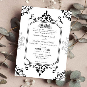 Convite Ornamento Preto e Branco Casamento Islâmico Vintag