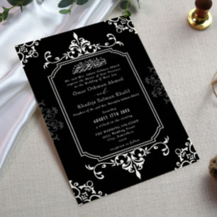Convite Ornamento Preto e Branco Casamento Islâmico Vintag