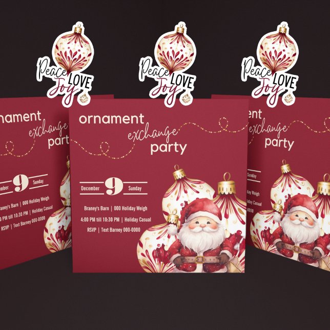 Convite Ornamentos de férias Dourados e sangrentos com Pap (Christmas ornament exchange holiday party with Santa in burgundy and ivory- grab matching stickers)