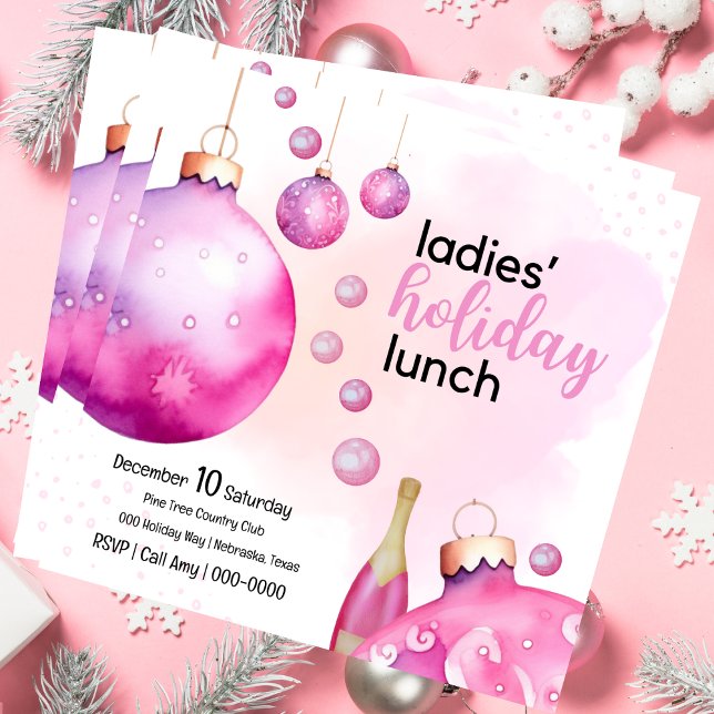 Convite Ornamentos de Rosa Festivos Senhoras de Natal Brun (Ladies Holiday lunch in pink for your festive brunch gatherings.  Invite is fully customizable. )