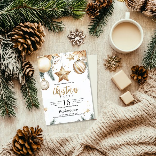 Convite Ornamentos Dourados Elegantes Festa de Natal de Po (Criador carregado)