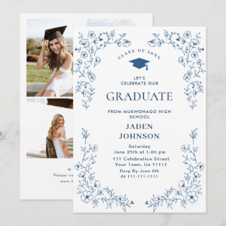 Convite Ornate Blue Floral Grace 4 Photo Graduation Party