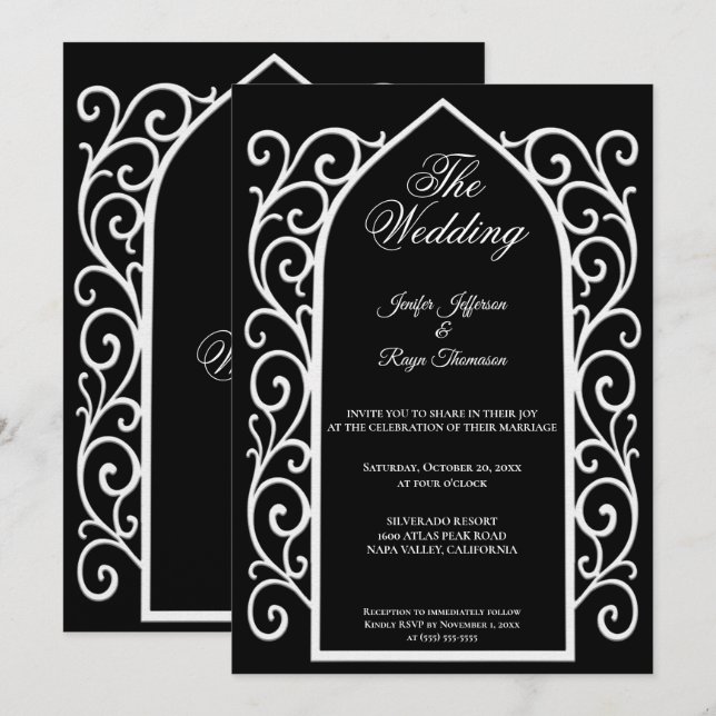 Convite Ornate border black Gothic wedding Invitation (Frente/Verso)