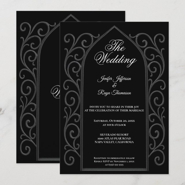 Convite Ornate border black Gothic wedding Invitation (Frente/Verso)