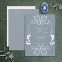 Ornate Dusty Blue Floral Line Art Monogram Wedding