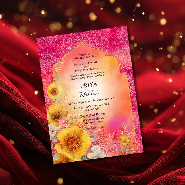 Convite Ornate Elegant Colorful Floral Indian Wedding (colorful indian arch with flowers, wedding invitation)