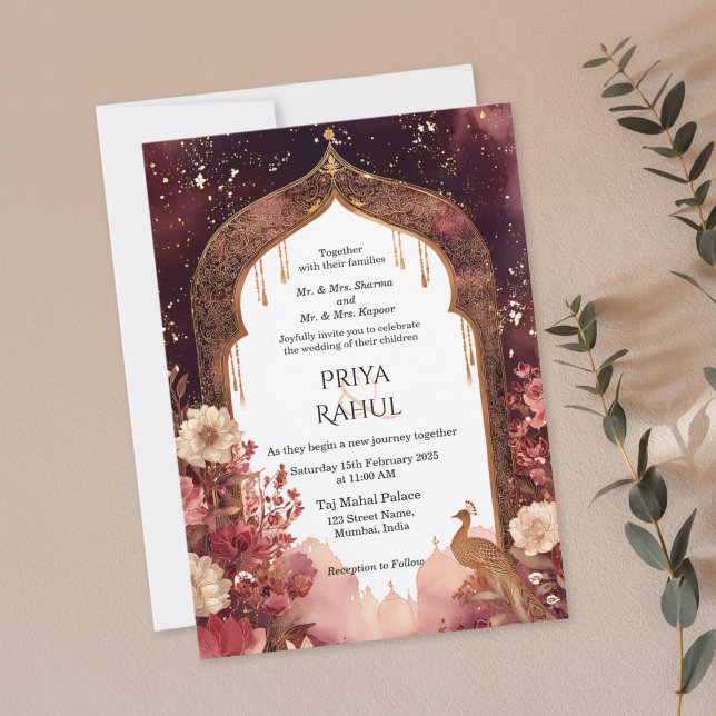 Convite Ornate Elegant Gold Floral Indian Arch Wedding (maroon and gold floral indian arch wedding invitation)