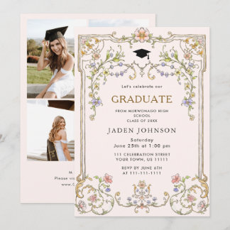 Convite Ornate Floral Grace Boho 4 Photo Graduation Party