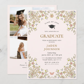 Convite Ornate Floral Grace Boho 4 Photo Graduation Party