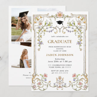 Convite Ornate Floral Grace Boho 4 Photo Graduation Party