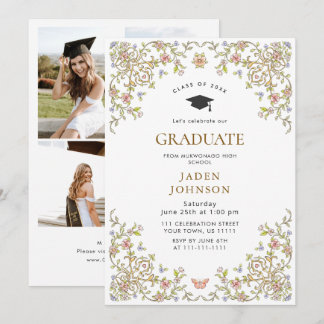 Convite Ornate Floral Grace Boho 4 Photo Graduation Party