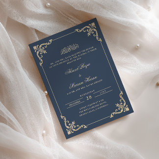 Convite Ornate Frame Azul-Marinho Dourado Cerimônia Walima
