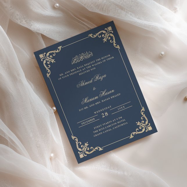 Convite Ornate Frame Azul-Marinho Dourado Cerimônia Walima (Criador carregado)