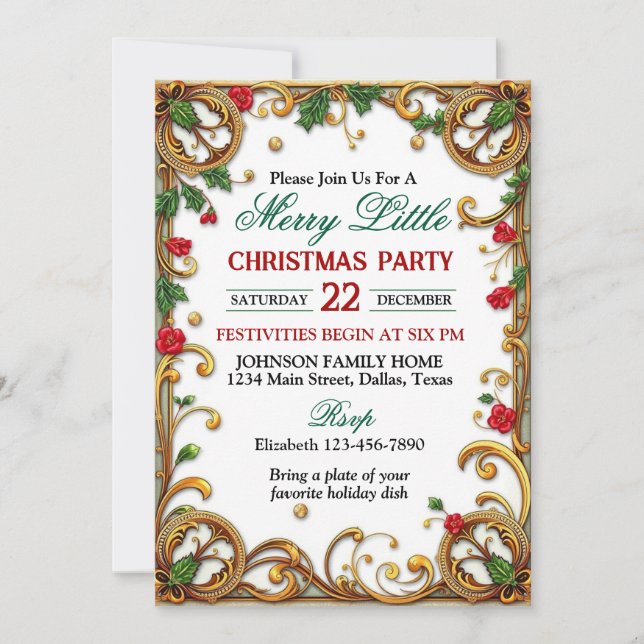 Convite Ornate Gold Border Christmas Party (Frente)