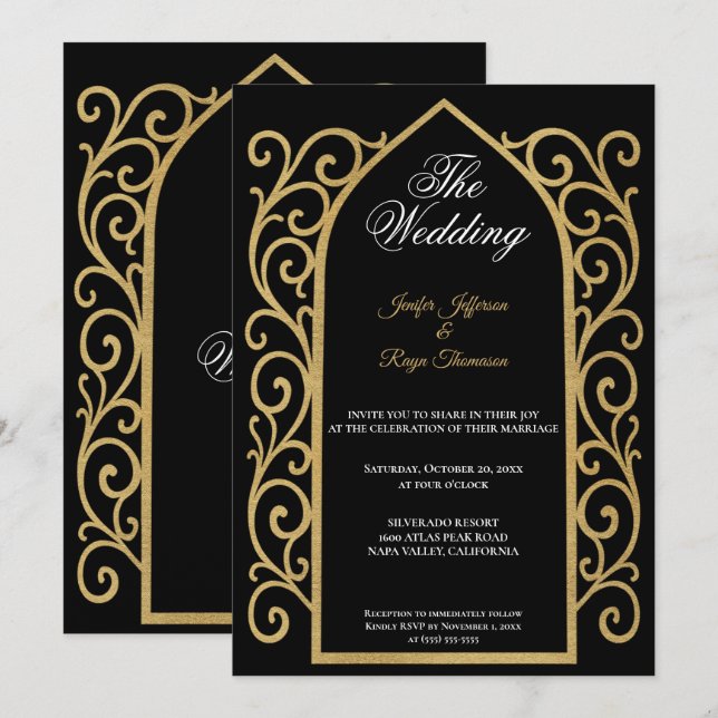 Convite Ornate gold border Gothic wedding Invitation (Frente/Verso)