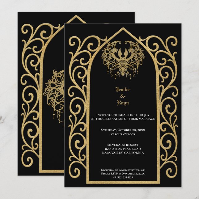 Convite Ornate gold border Gothic wedding Invitation (Frente/Verso)