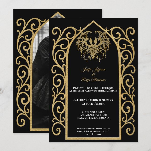 Convite Ornate gold border Photo Gothic wedding Invitation (Frente/Verso)